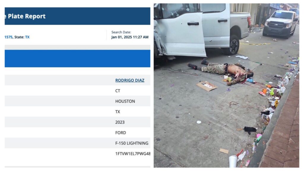 Photo: Texas License Site Confirmed Rodrigo Diaz Is The Name Of The Suspect Who Rammed Into Crowd Of People With Ford F-150 Lightning Pickup With Vlz 1575 Plate On Bourbon Street In New Orleans 3 incollage 20250101 1742440762831797261041002212 1024x576 2